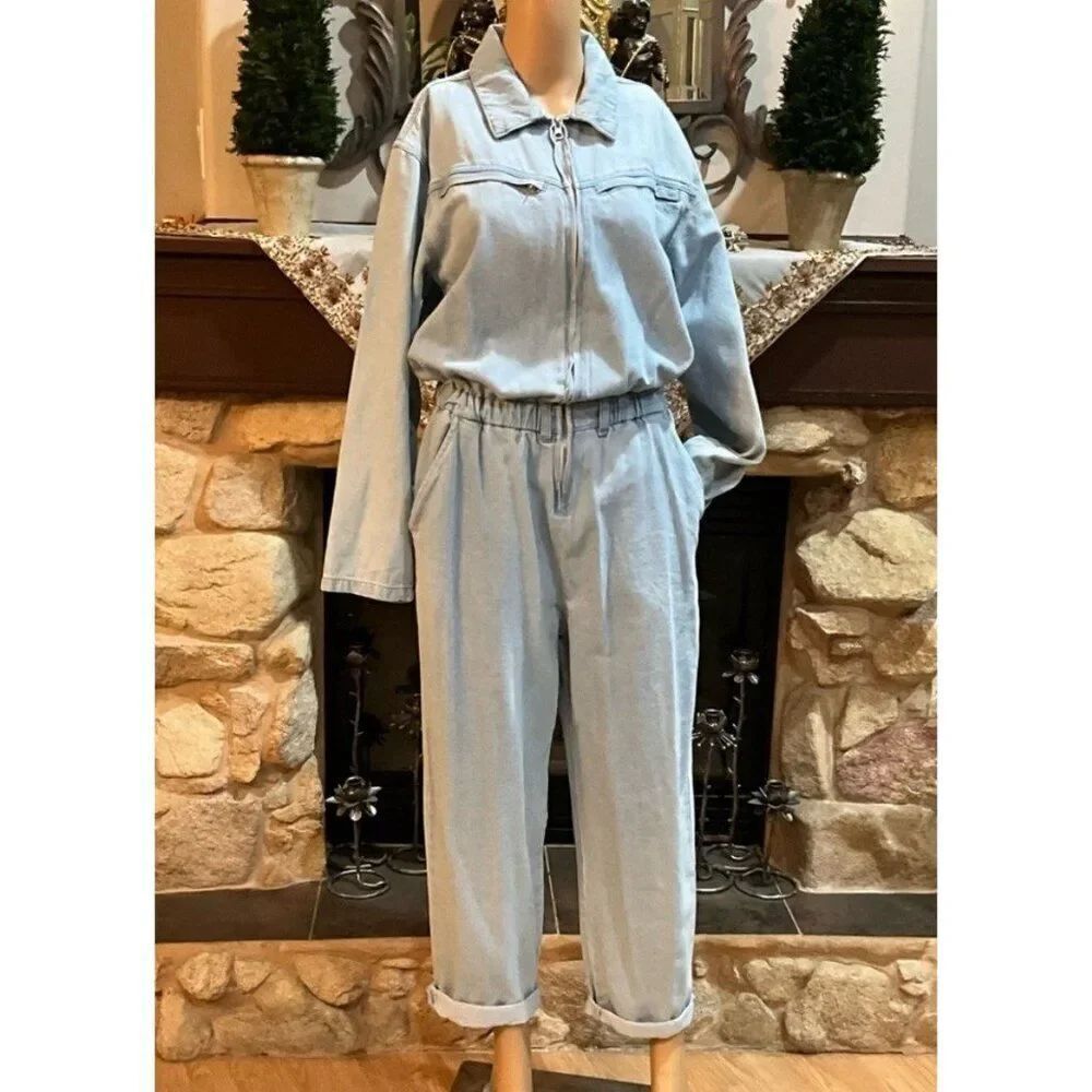 pull & bear light blue jean denim long sleeve Full Length jumpsuit Small